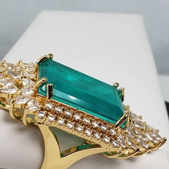 Signed Princess Doublet Natural Emerald with CZ 18KGL Size 9 Cocktail Ring - Picture 10 of 16